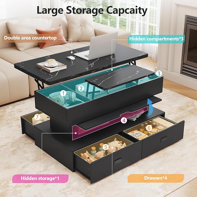 Turosur 40" Lift Top Coffee Table, LED Coffee Tables with Storage and 4 Drawers, Coffee Table with Lifting top for Living Room Home Office, Black