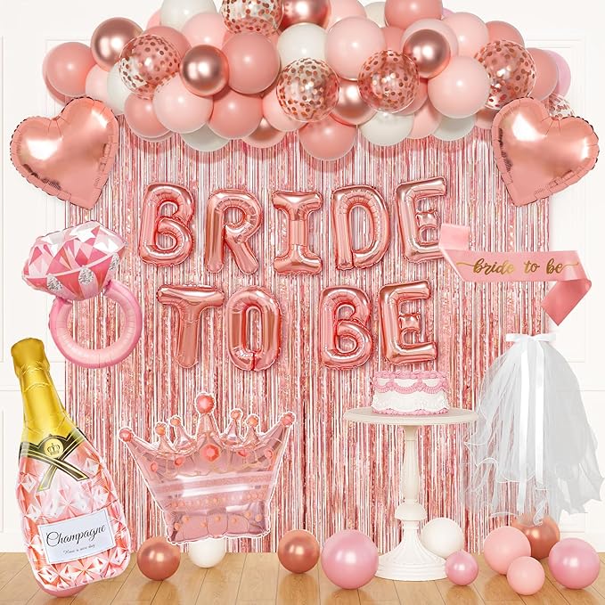 Ouddy Life Rose Gold Bachelorette Party Decorations, Bride to Be Bridal Shower Decoration with Crown Champagnes Diamond Ring Heart Foil Balloons, Veil Sash, Fringe Curtains Engagement Wedding Supply