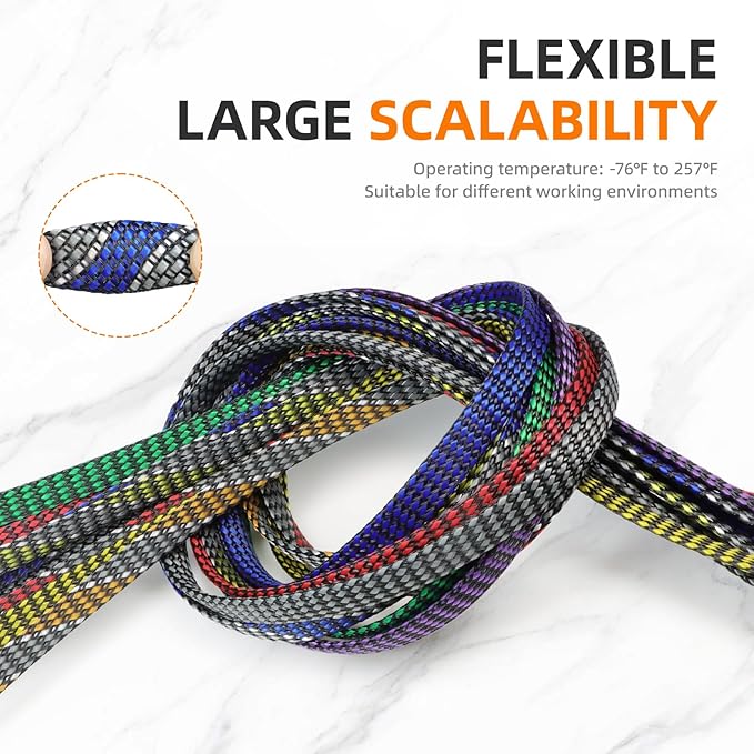 Braided Expandable Cable Sleeve, 25ft PP Cotton and PET Braided Cable Management, Flexible Mesh Wire Loom and Cable Protector for TV, Computer, Home Theater, Automotive (Blue White Grey, 1/8")