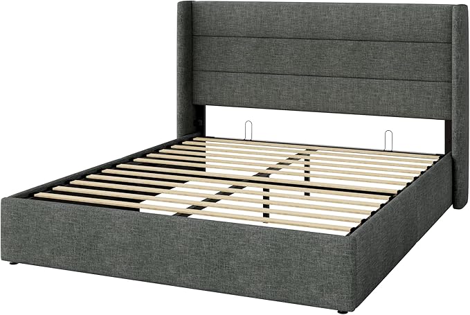 Allewie Full Size Lift Up Storage Bed, Modern Wingback Headboard, Hydraulic Support, No Box Spring Needed, Dark Grey