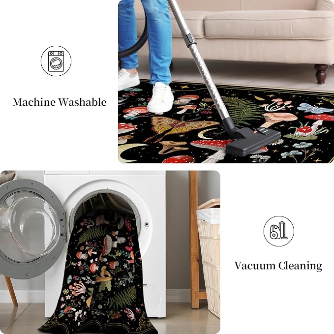 Mushroom Runner Rug for Hallways, Black Kitchen Runner Rug Non Slip 2'x 6', Washable Runner Rugs with Rubber Backing, Soft Witchy Carpet Runner for Hallways Kitchen Laundry Bedroom Bathroom