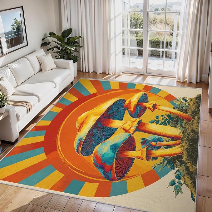 Mushroom Rugs for Home Decor, 5x7 ft, Mid Century Boho Sun Area Rugs for Living Room, Soft Non Slip Washable Retro Trippy Mushroom Carpet Bedroom Decorations Dt-Ghf-69