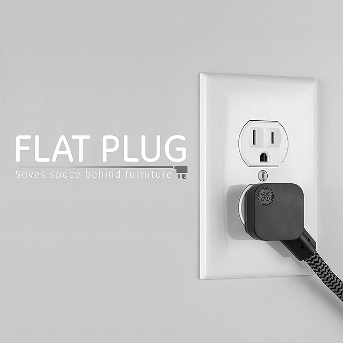 GE 3-Outlet Power Strip Mini Extension Cord with Multiple Outlets 5 Inch Braided Short Cord Extension Cord Grounded Flat Plug Extension Cord ETL Listed 2 Pack Black 53240
