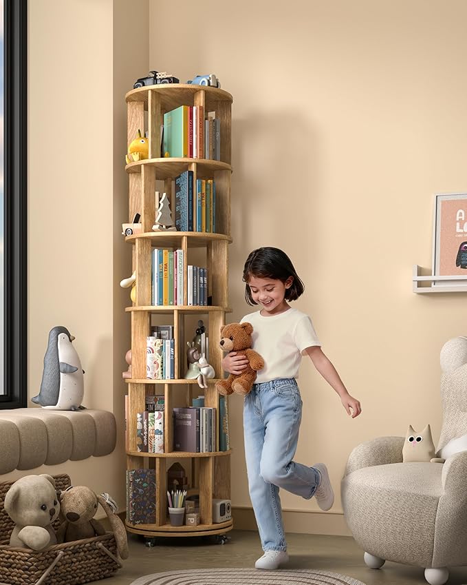 6-Tier Solid Wood Rotating Bookshelf on Wheels, 360° Spinning Book Shelf Tower, Round Revolving Bookcase Organizer, Rolling Bookshelves for Small Spaces, Corner, Bedroom, Kids Room, Office, Natural