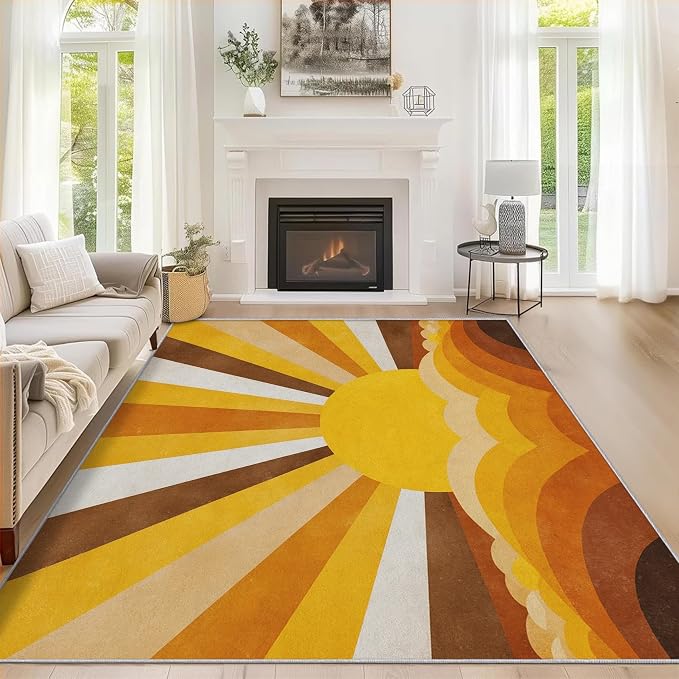 Boho Sun Rugs for Home Decor, 6x8 ft, Abstract Sunburst Retro Area Rugs for Living Room, Soft Non Slip Washable Mid Century Modern Carpet Bedroom Decorations Dt-Ghf-69