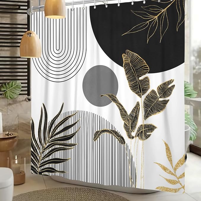 Mid Century Boho Shower Curtain, Abstract Modern Sun Minimalist Aesthetic Shower Curtain, Bohemian Geometric Arch Curve Leaves Neutral Art Fabric Bathroom Curtain Black 60x72 inch