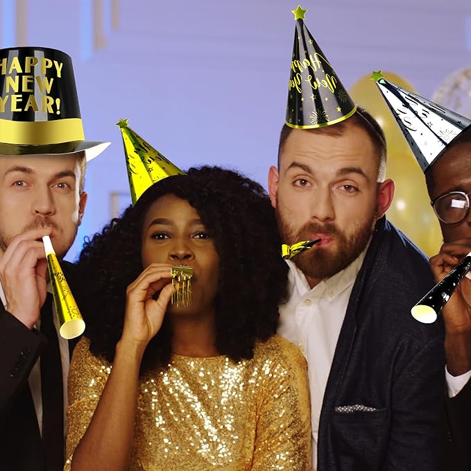 60PCS New Years Eve Party Favors, 30 People New Years Party Hats, Happy Eve Accessories Gold Silver Black, Cardboard Cone Hat Top Party Horn Blowers Tiara Supplies Decorations