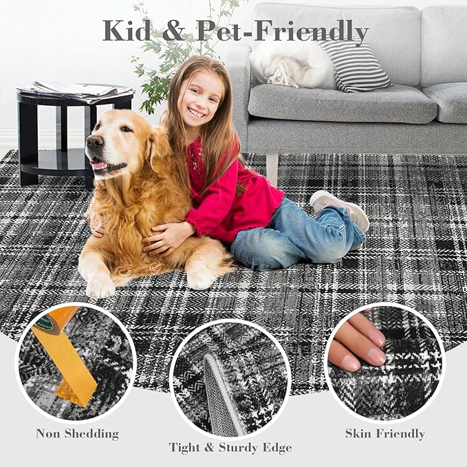 Washable 9x12 Area Rug for Living Room Modern Rugs for Bedroom Black Rug Soft Large Area Rug Non Slip Throw Rugs Low Pile Stain Resistant Carpet for Nursery Dining Room 9'x12' Black/Grey