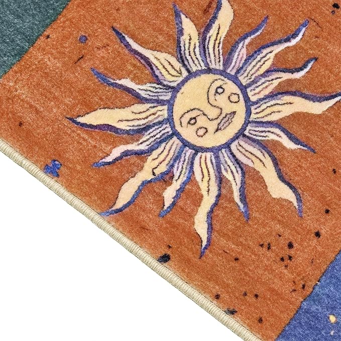 Boho Sun and Moon Washable Rug Ultra Thin, Vintage Mystical Celestial Checkerboard 6x9 Area Rug for Dining Living Room Entryway Dorm, Hippie Retro Aesthetic Cute Trendy Indie Bedroom Accent Carpet