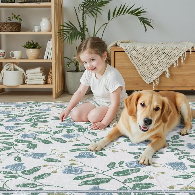 DCX Washable Botanical Floral Rug 8x10, Blue and Green Scalloped Rug, Non Slip Low Pile Carpet for Bedroom, Living Room, Kid & Pet Friendly