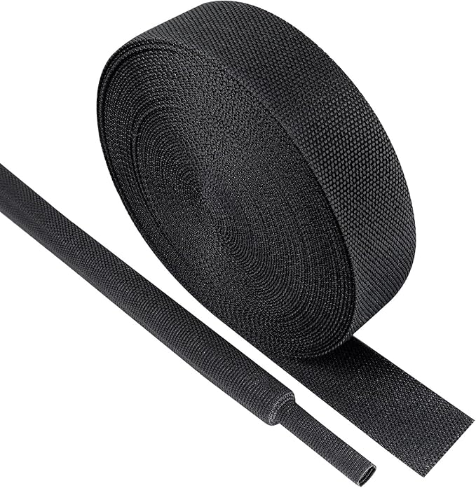 Black 2:1 Ratio Automotive Heat Shrink Braided Sleeving,Wear-Resistant Flat Woven Shrinkable Sleeve Fabric Car Cable Wires Hoses Protection (3/4"-26ft)