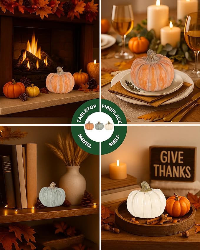 Set of 3 Decorative Pumpkins – Resin Fall Harvest Décor in White, Sage Green & Orange, Rustic Autumn Table Centerpiece for Thanksgiving Farmhouse Home Decoration (White)
