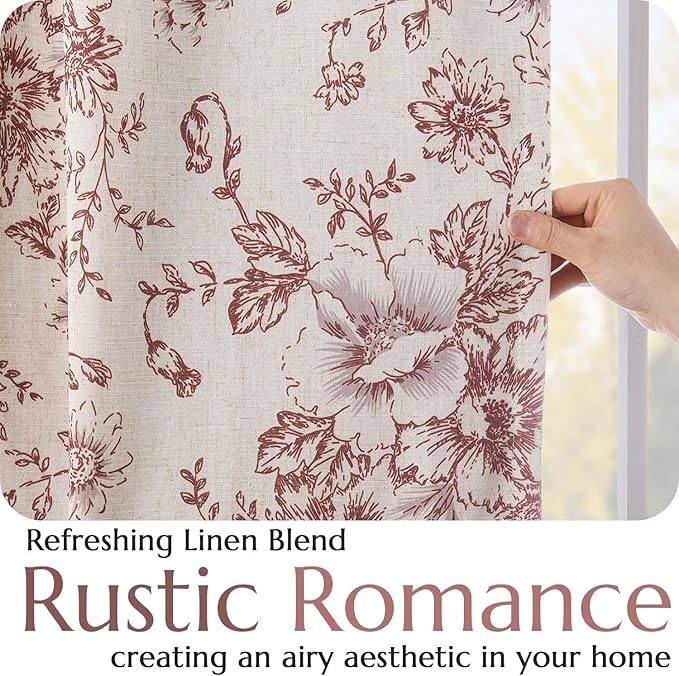 jinchan Blackout Floral Curtains Linen Blend Curtain for Living Room 90 Inch Length Christmas Brick Red Flower Printed Drapes for Bedroom Rod Pocket Back Tab Farmhouse Curtains Set 2 Panels