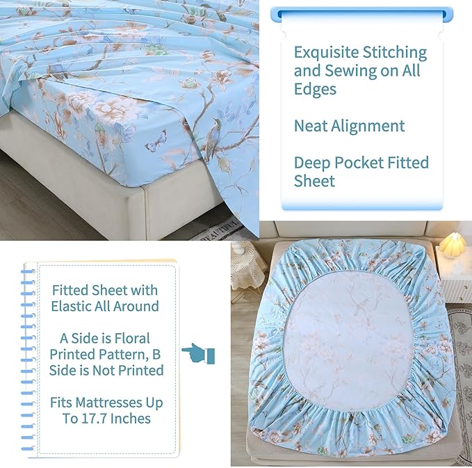 RYNGHIPY Egyptian Cotton Bed Sheet Set Blue Bird Botanical Pattern Bed Sheets Deep Pocket Fitted Sheet Tree Branches Print Bedding Soft Breathable (Light Blue,King Size)