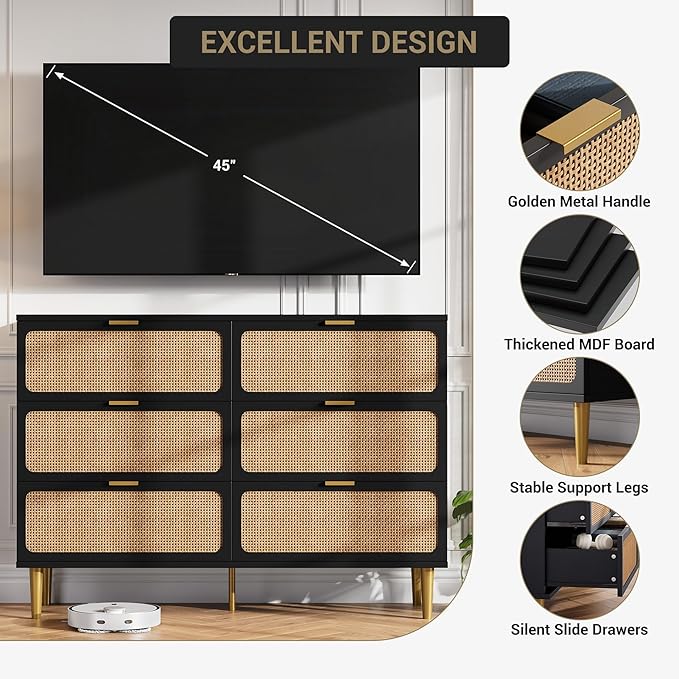 Garvee Rattan Dresser with 6 Drawers, Tall Modern Closet with Deep Storage, Large Chest of Drawers with Wide Top, Long Wooden Dresser for Bedroom, Living Room, Hallway, Kids Room, Black