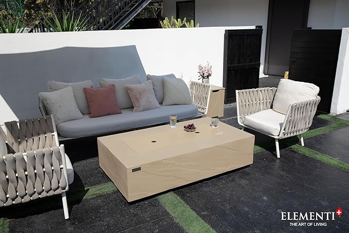 Elementi+ | Bundle Colorado Gas Fire Pit Cast Concrete 56" Rectangular Fire Table | Electronic Ignition | Canvas Cover, Fire Glass and Burner Lid Included | Sunlight Yellow | Natural Gas