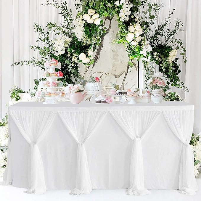 Besutolife White Tulle Table Skirt 14ft Wrinkle-Free Tutu Tablecloth for Gender Reveal, Wedding, Birthday, Reception, Banquet, Photo Booth, Party Table Decorations