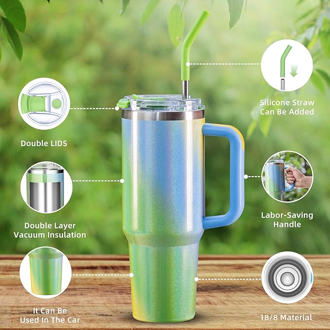 40 oz tumbler with handle and straw,Double Wall Vacuum Reusable Stainless Steel Insulated Water Bottle,With Leak Proof lid and Straw for Iced or Cold Beverages (Fairyland)