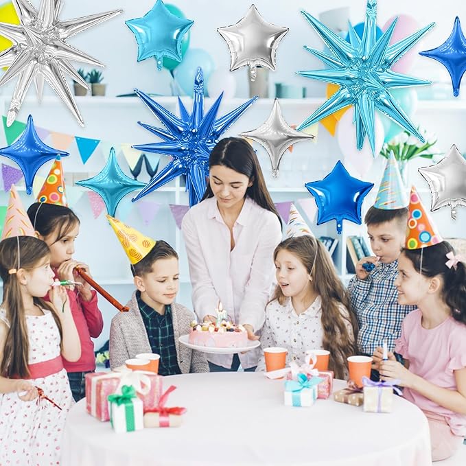 Blue Silver Star Balloon,16Pcs Star Foil Balloons Set with 22Inch Explosion Spike Cone Balloons and 10Inch Quadrangle Helium Balloon for Birthday Wedding Baby Shower Party Decorations