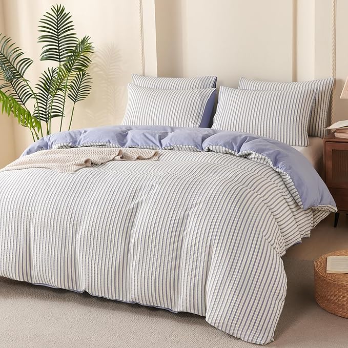 Striped Duvet Cover Queen Blue Washed Microfiber Jacquard 3 Pieces Bedding Set, White Blue Vertical Ticking Stripes Pattern Comforter Cover with Zipper Closure Breathable Durable Soft Comfy