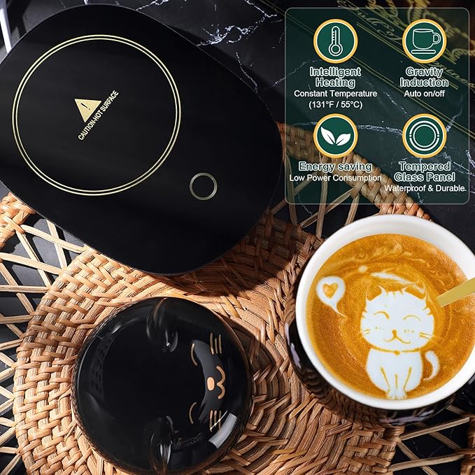 Honeydak Coffee Mug Warmer Cute Cat Mug Set Cup Warmer for Women Heated Coffee Warmers for Mom Home Office Desk Valentine's Day Anniversary Birthday Gifts(Sakura,Black)