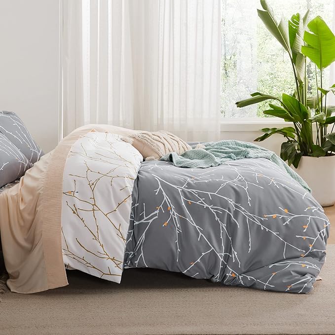 Bedsure Duvet Cover Twin Size - Reversible Botanical Duvet Cover Set with Zipper Closure, 2 Pieces Grey Bedding Set with 8 Corner Ties and 1 Pillow Sham 20"x26"