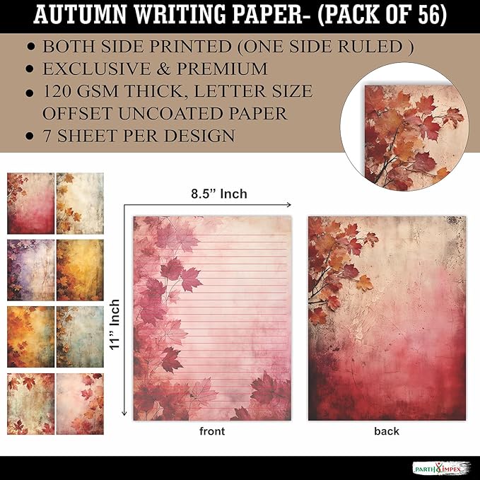 PARTH IMPEX 56 Sheets Vintage Lined Writing Paper 8.5x11 - Letter Size Ruled Stationery Rustic Old Looking Letterhead Printer Paper - 120gsm Thick Decorative Colored Antique Aged Autumn Design