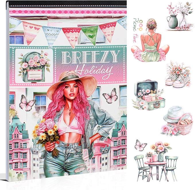 Dwpetzo Breezy Holiday Scenery Pre-Cut Journal Sticker Book for Women Journaling, Assorted Materials Paper PET Washi Stickers for Scrapbooking, Junk Journal Supplies, Planner, Collage, Crafts Arts