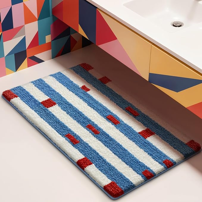 LUMI Bathroom Rugs with Blue White Stripe, Soft Absorbent Bath Mat for Modern Home Decor, Non-Slip Quick-Dry Bath Rug, Machine Washable Floor Mat for Shower and Tub, Entryway, 16"x24"
