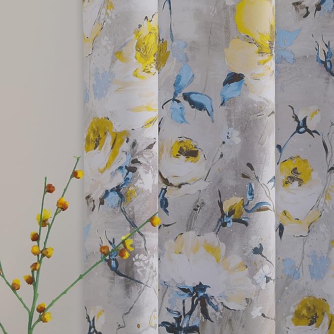 MYSKY HOME Floral Curtains 84 inches Length 2 Panels, Yellow and Grey Curtains for Living Room/Bedroom, Thermal Insulated Light Blocking Grommet VintageDrapes for Dining Room, 52 x 84 Inch,