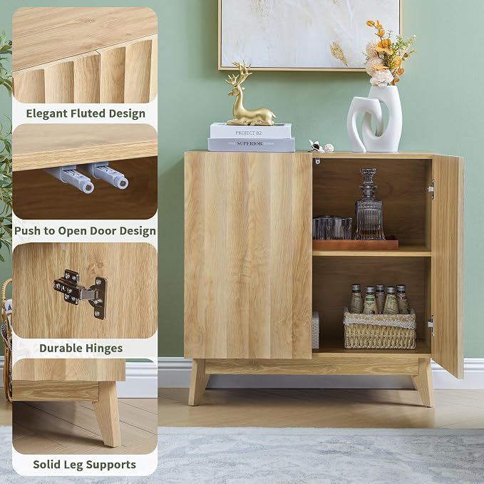 Bifins Sideboard Buffet Cabinet with Storage, 30.7" Mid Century Modern Fluted Storage Cabinet with Doors & Adjustable Shelves for Living Room,Kitchen,Entryway (Natural 1pc)