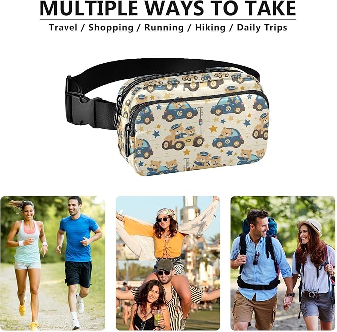 Kawaii Bear Police Car Fanny Pack for Women Men Water Resistant Fashion Waist Packs with Adjustable Strap Belt Bag for Travel Workout Jogging Hiking 21220281