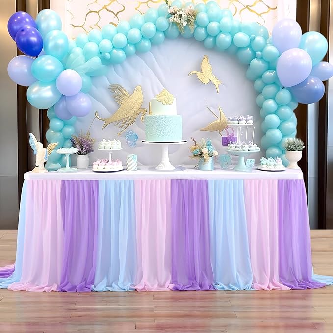 Mermaid Tulle Table Skirt Blue Pink Purple Striped Table Skirts for Rectangle Tables Frozen Baby Shower Mermaid Birthday Parties Decoration 6ft