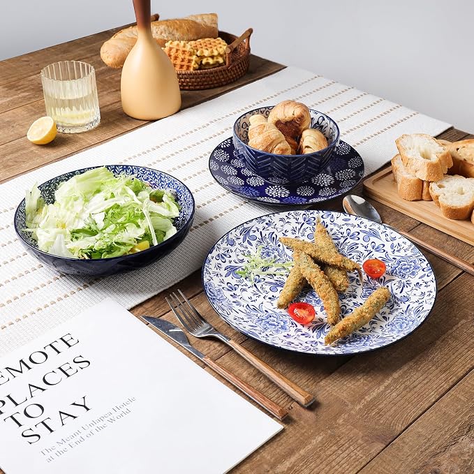 Selamica Dinnerware Sets 16 Piece, Ceramic Plates and Bowls Set, Embossed Dishes Set for 4, Housewarming, Dark Blue