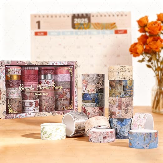 FTTELK 24 Rolls Vintage Washi Tape Set,Glitter Floral Decorative Adhesive Tape for Scrapbooking Supplies,Junk Journal,DIY Crafts,Planners and Gift Wrapping(Retro Medieval Series)