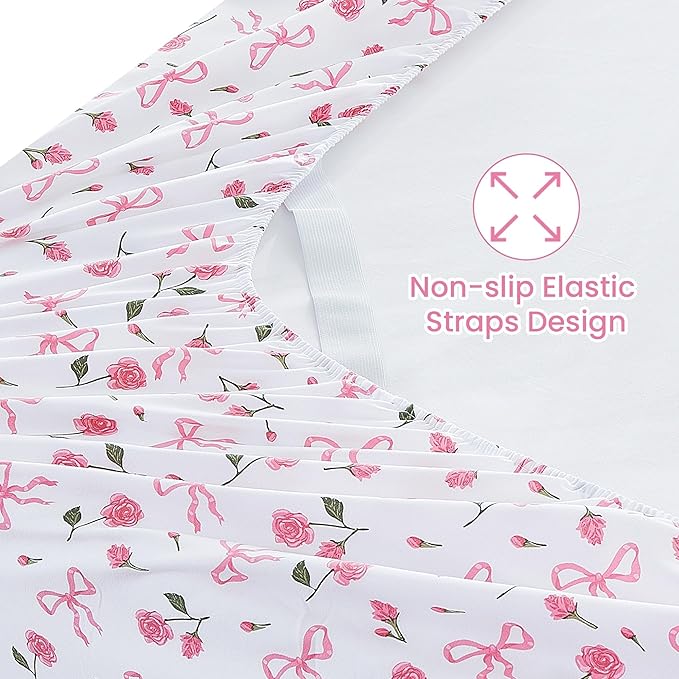 Softan Pink Floral King Bed Sheets, Cozy Microfiber Flower Printed Sheets with 15" Deep Pocket Fitted Sheet & Non-Slip Straps, Patterned Pink Rose - Bow Sheets & Pillowcase Set