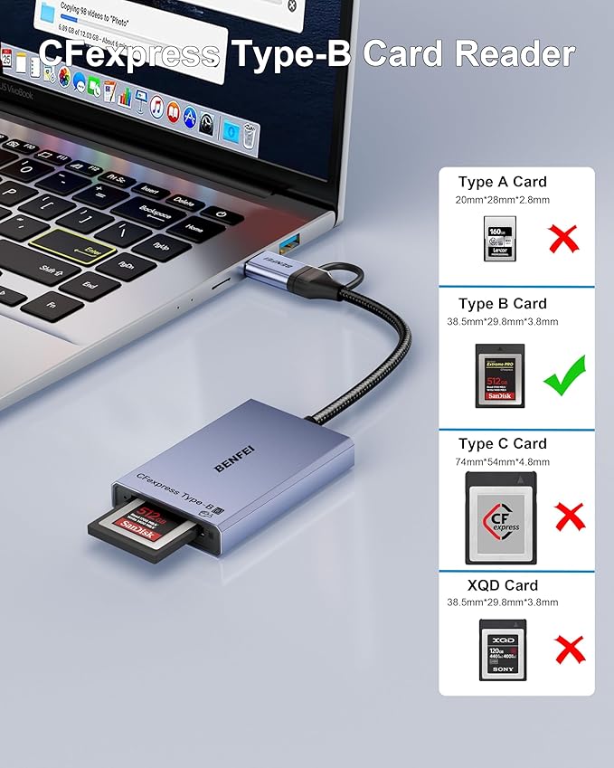 BENFEI CFexpress Type B Card Reader with USB 3.2 (Gen 2) 10Gbps, USB-C&USB-A 2-in-1 Type B CFexpress Adapter, Compatible with Windows/Mac/Linux/Android(Not for XQD Card) (Pack of 2)