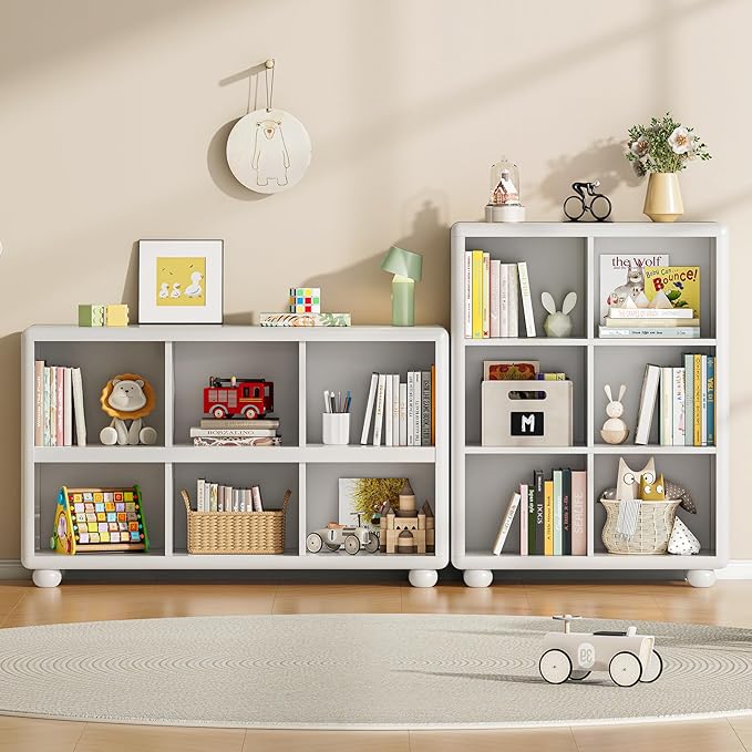 ONBRILL Wooden Bookcase with 6 Cube Storage, Kids Bookshelf with Sphere Foot, Sturdy Toy Storage Organizer, Safe Rounded Corners Bookcase for Living Room, Playroom, Nursery (White)