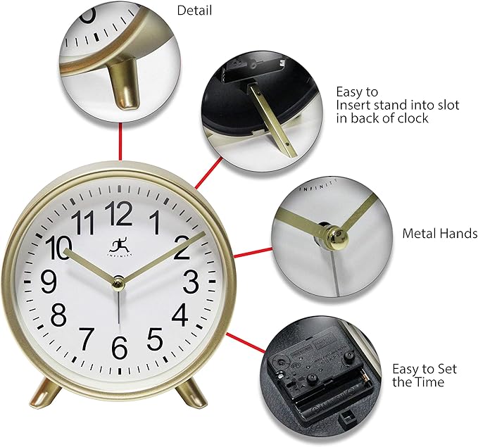 Infinity Instruments Tabletop Alarm Clock Decorative Cute 5.75 inch Face Modern Round Analog Easy-to-Read Matte Gold Small