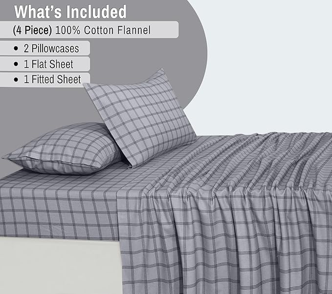 RUVANTI Flannel Sheets Full Size - 100% Cotton Double Brushed Bed Sheets Set, Deep Pockets 16 Inches, All Seasons Breathable & Extra Soft Full Sheets, Warm & Cozy, 4 Piece, Open Grid Check