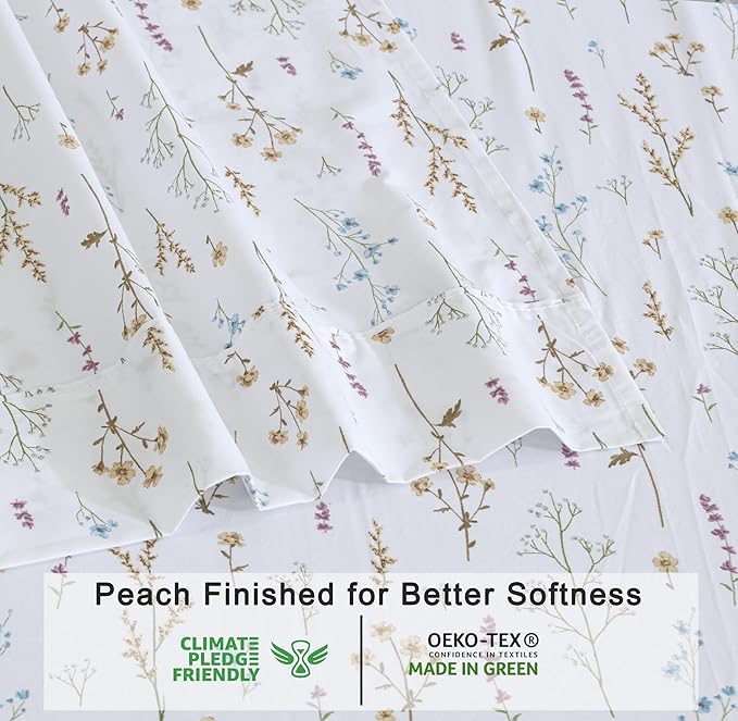 RUVANTI 100% Organic Cotton Sheets King Size, Percale Weave, GOTS Certified, 4-Piece Set, Deep Pocket 15", Crisp & Breathable, Soft Durable Bedding, Sábanas Algodón Orgánico – Field Flower