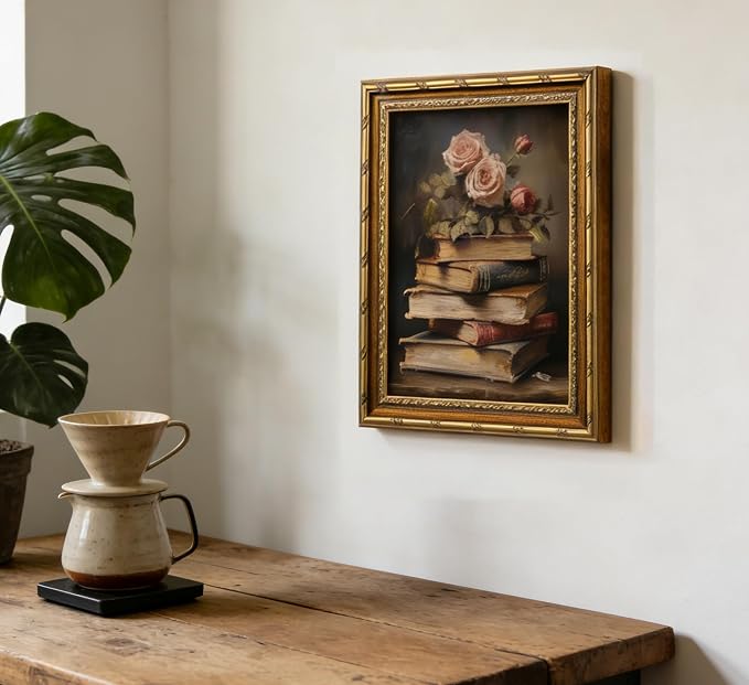 Vintage Gold Framed Retro Floral Books Wall Art Flowers Book Wall Decor Rose and Books Painting Pictures Retro Literary Pictures Artwork for study Gallery Living Room Bedroom 9X11in