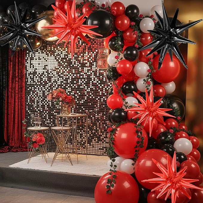 Black Red Star Balloons,9Pcs 22Inch Black Red Explosion Spike Cone Helium Polyester Film Star Foil Balloons for Birthday Halloween Anniversary Baby Shower Party Decorations