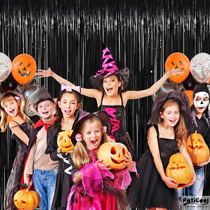 Thicken Black Streamers 2 Pack 3.2 x 8.2 FT, Black Tinsel Backdrop Curtains, Foil Fringe Photo Backdrop for New Years, Halloween, Retirement, Bachelor Party Decorations, Birthday Decorations for Men