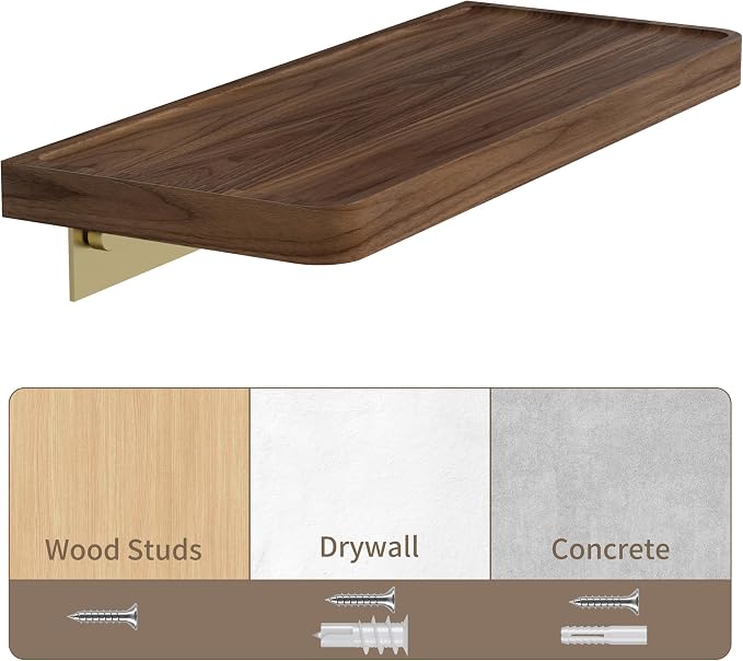 Danpoo 12 inch Floating Walnut wall Shelf, Small Wood Shelf for wall, Waterproof Wooden Shelf for Bathroom