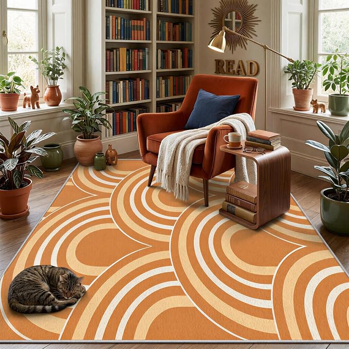 Terracotta Arch Area Rug 5 x 7 ft, Mid-Century Modern Geometric Rug, Burnt Orange Cream Abstract Washable Rug, Soft Low Pile Non-Slip Carpet for Living Room Bedroom
