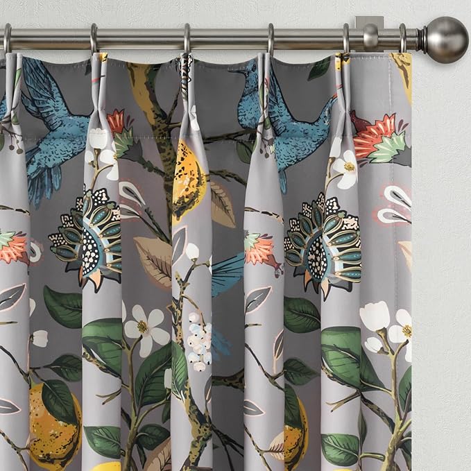 Floral Grey Pinch Pleated Blackout Curtains,Mid Century Botanical Printed Curtains 96 Inches Long for Living Room Bedroom,Vintage Floral Lemon Hummingbird Colorful Drapes, 2 Panels