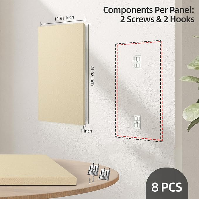 Art3dwallpanels 8 PCS Acoustic Panels, 24''x12'' Fabric Soundproof Wall Panels, Easy-Hook Mounting Sound Absorbing Panels for Studios, Office, Home Theater, Linen