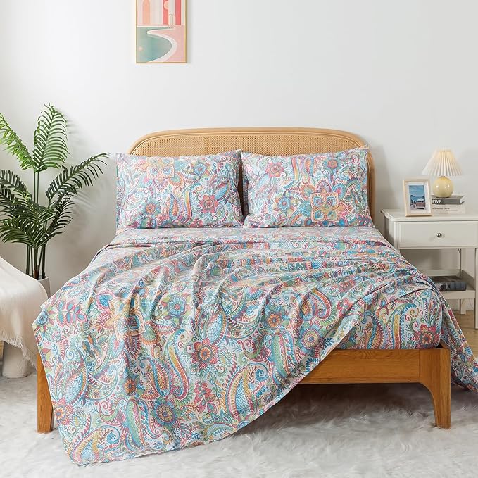 Zusbest King Size Sheets 100% Cotton Pink Green Paisley Floral Bed Sheet Set Watercolor Bedding Luxury Soft Breathable Crispy Cooling Percale Printed Sheet 17.5 Inches Deep Pocket Bed Set King, 4Pcs