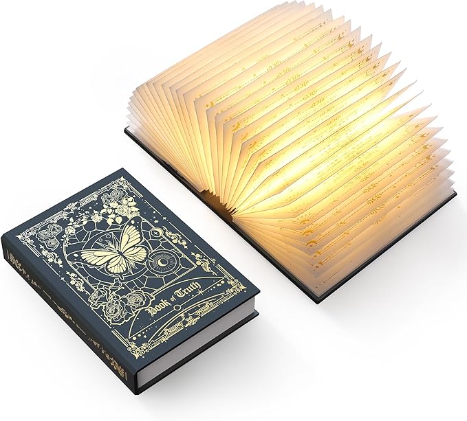 Magic Truth Book Light - Rechargeable LED Book Lamp for Home Decor, Ideal Christmas & Bookworm Gifts with Gold Foil Embossed Cover, Warm White Light for Entertainment & Relaxation (Black)